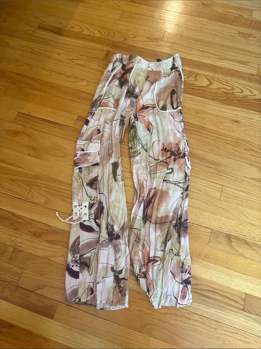 Anthropologie Watercolor Floral Wide-Leg Pants - Pink, Green, Brown